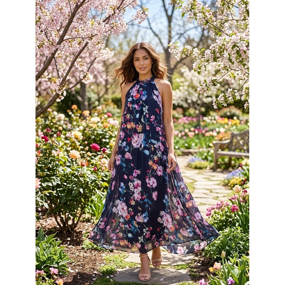 Bellambra Floral Halter Maxi Dress  Medium Navy Blue Silk Blend made in italy‎